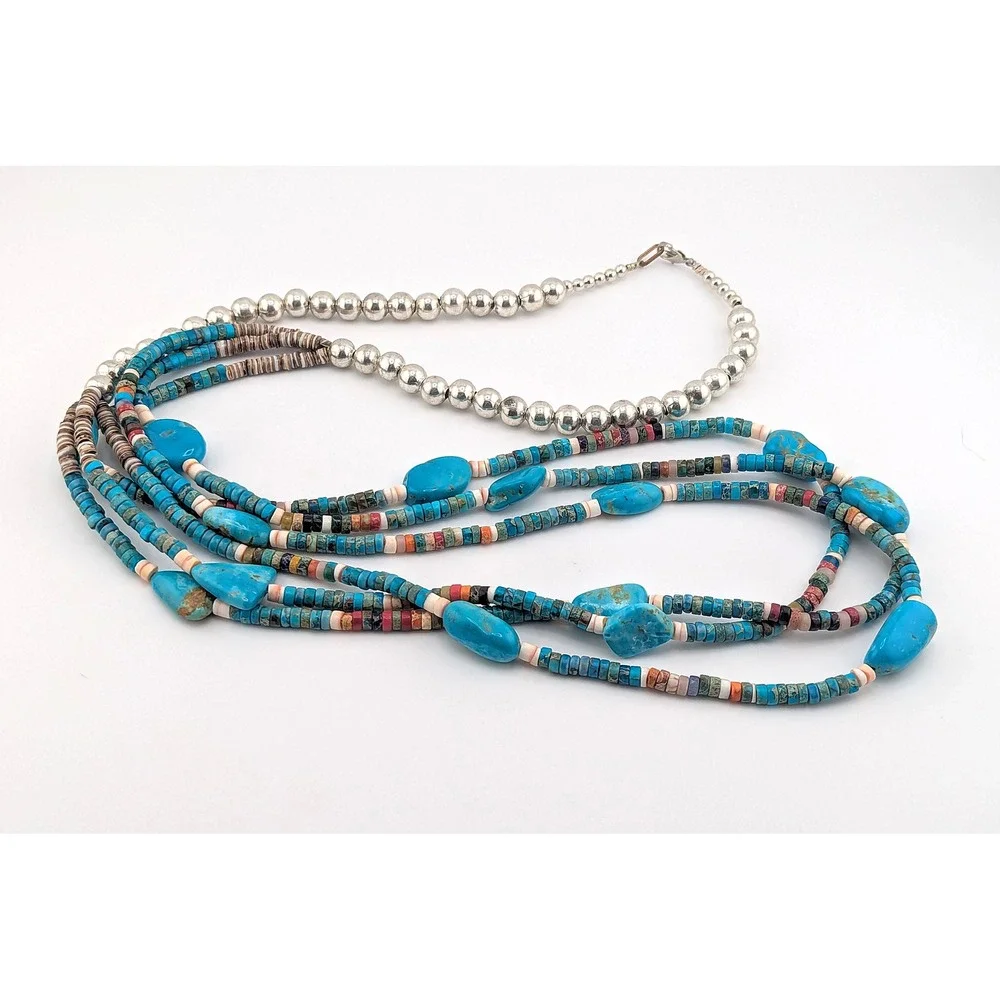 Vintage‎ Navajo Handmade Turquoise Necklace Silver Plated Beads